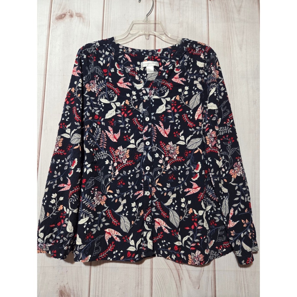 Christopher & Banks Navy Floral Bird Seersucker Button Front Blouse Large L